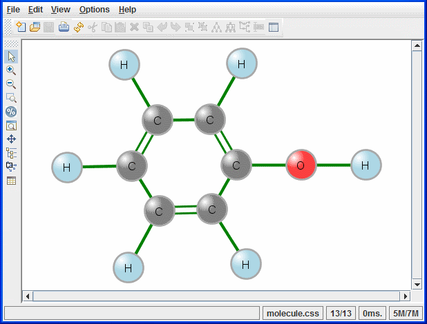 Diagram
of the phenol molecule with its six-carbon ring. It shows five carbon-hydrogen
bonds, and one hydroxy bond. The oxygen molecule is shown in red,
the hydrogen molecules in blue, and the carbon molecules in gray.
Double bonds alternate with single bonds in the carbon ring.