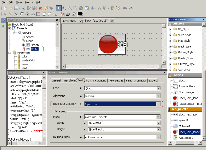 Selecting
Inherited base text direction in the Text element of an Oval symbol.