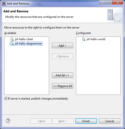 Add
and Remove window showing jsf-hello-diagrammer selected.