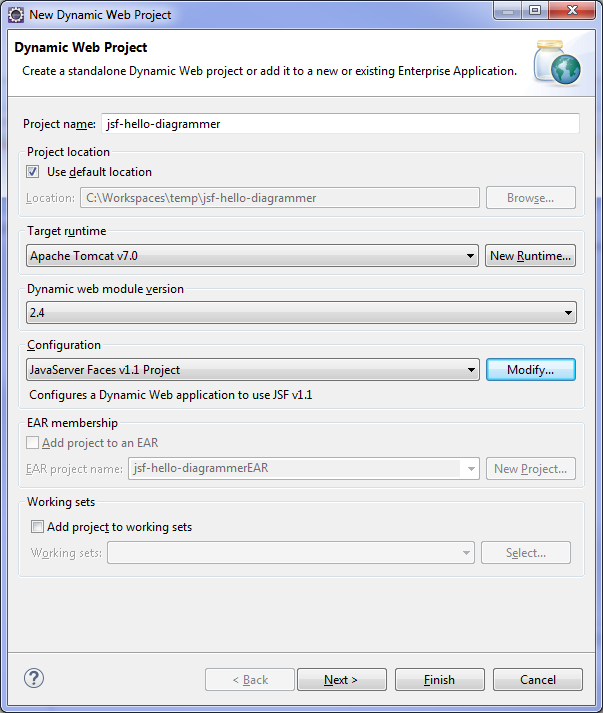 Eclipse
New Dynamic Web Project window showing example project name and configuration
fields completed.