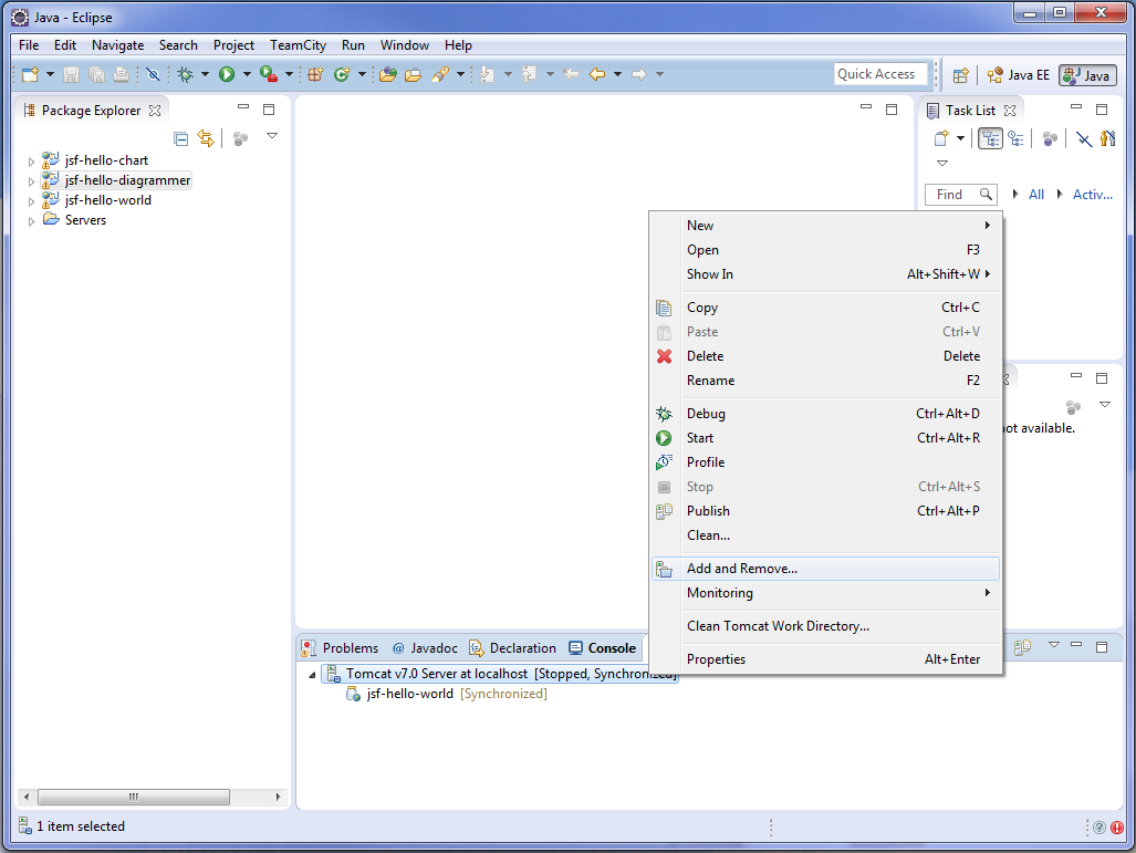 Eclipse
server tab with Add and Remove... selected.