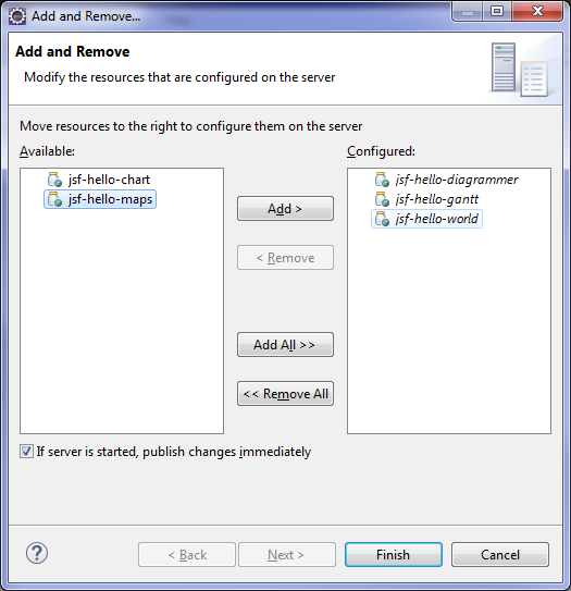  Add
and Remove window showing jsf-hello-maps selected.