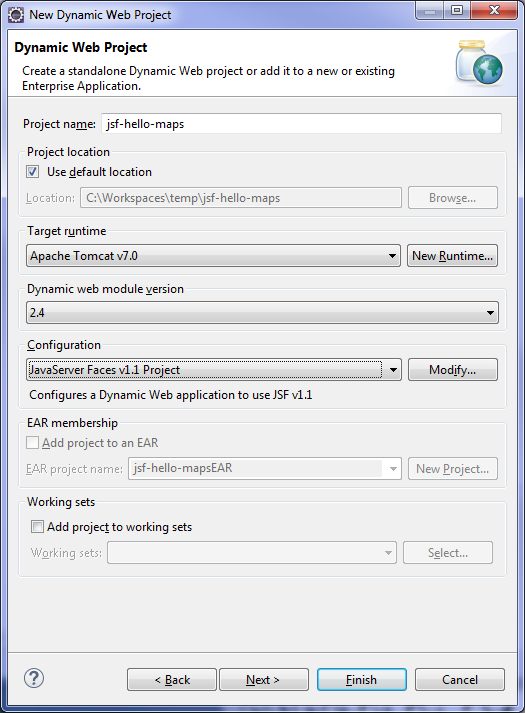 Eclipse
New Dynamic Web Project window showing example project name and configuration
fields completed.