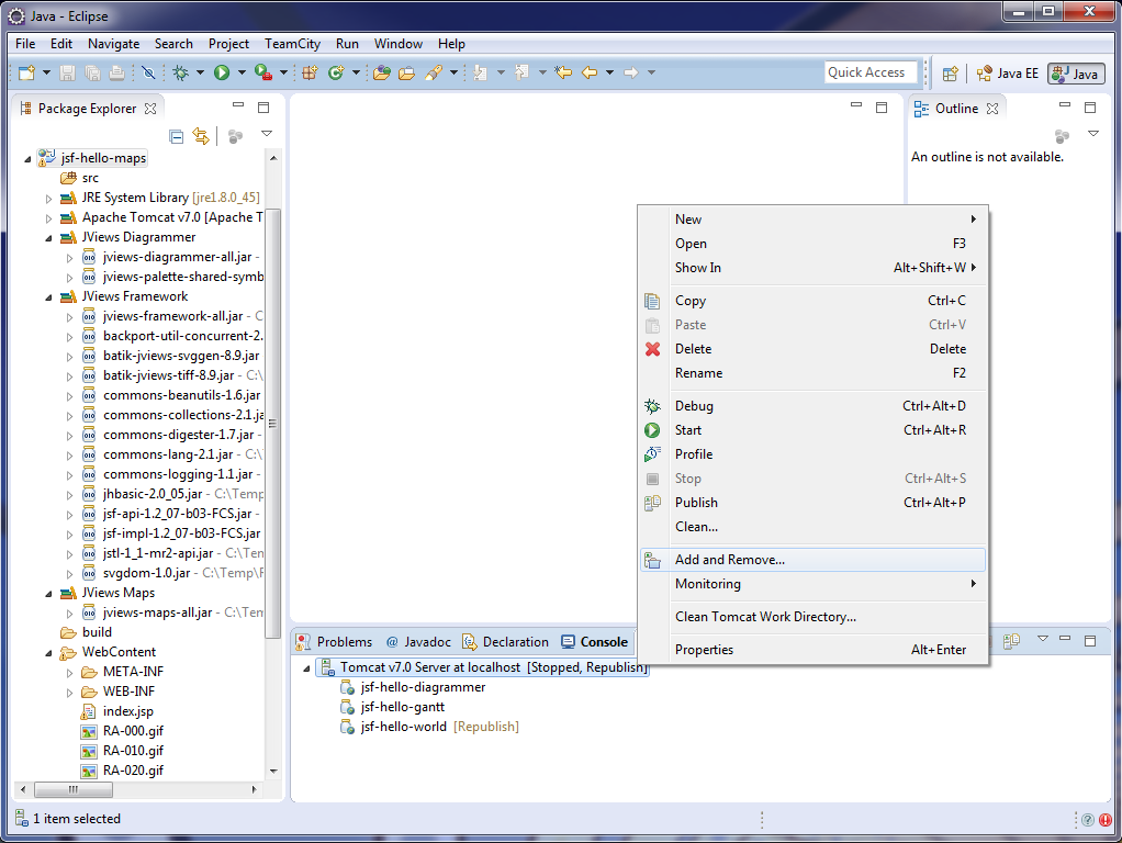 Java
Eclipse window with Servers tab displaying Tomcat V7.0 Server at localhost.highlighted
and Restart option selected.