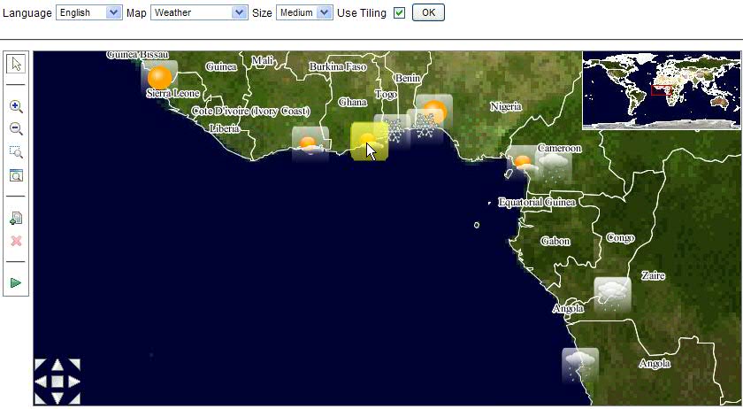 Weather
map of west Africa with the Ghana weather icon highlighted in yellow.