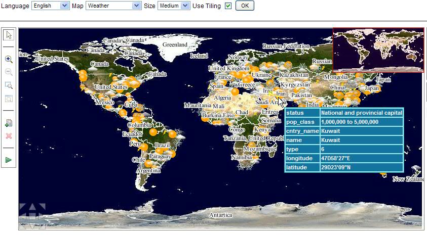 Weather
map of the world with tooltip for Kuwait displayed which consists
of a blue table with white text containing status, population class,
country name, longitude and latitude for this country.