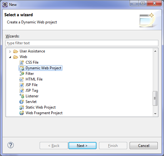 Eclipse
New Project window displaying Dynamic Web Project selected.
