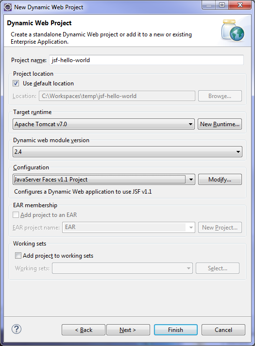 Eclipse
New Dynamic Web Project window showing example project name and configuration
fields completed.