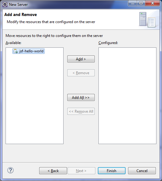 Add
and Remove New Server window with jsf-hello-world resource shown highlighted.