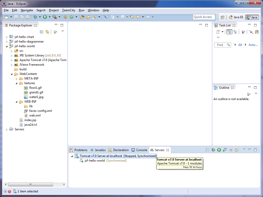 Java
Eclipse window with Servers tab displaying Tomcat V7.0 Server at localhost.