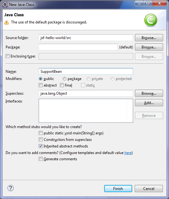 Eclipse
New Java class window showing source folder path.