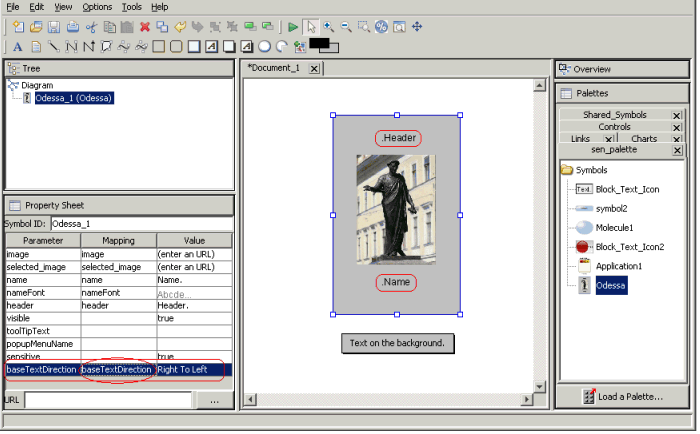 baseTextDirection パラメーターがベース・テキスト方向「右から左」にマップされた、選択された記号のプロパティー・シートを示す Dashboard Editor