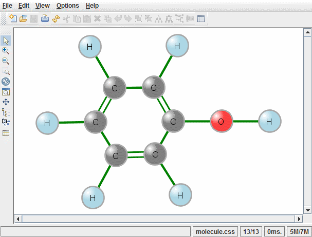1 個の 6 員炭素環を含むフェノール分子のダイアグラム。
5 つの炭素-水素結合と水酸基を含む 1 つの結合が示されています。
酸素分子は赤色、水素分子は青色、炭素分子はグレイで表示されています。
炭素環では二重結合と単結合が交互になっています。